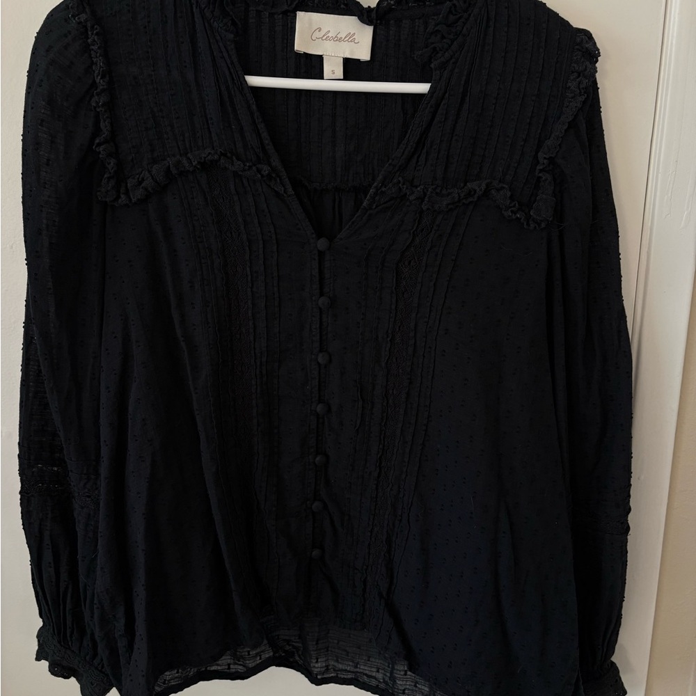 Cleobella Black Ruffled Pintuck Button-Front Blouse